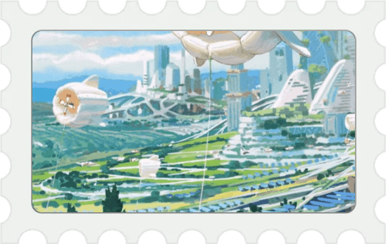 City skyline postage stamp